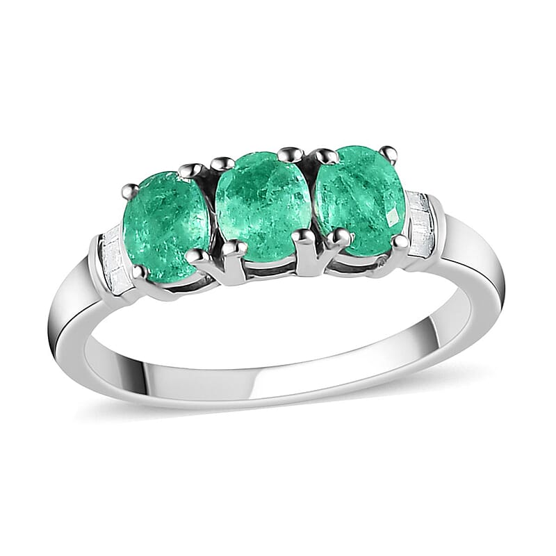 Ethiopian Emerald and Diamond Trilogy Ring in Platinum Over Sterling Silver (Size 10.0) 1.10 ctw
