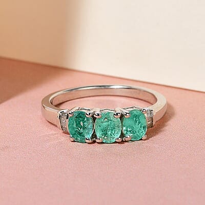 Ethiopian Emerald and Diamond Trilogy Ring in Platinum Over Sterling Silver (Size 10.0) 1.10 ctw