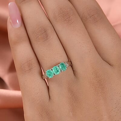 Ethiopian Emerald and Diamond Trilogy Ring in Platinum Over Sterling Silver (Size 10.0) 1.10 ctw