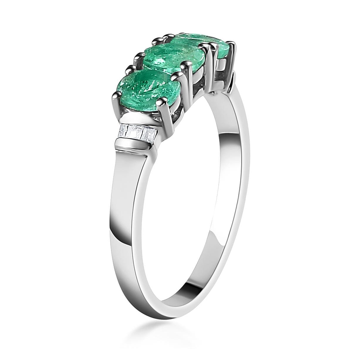 Ethiopian Emerald and Diamond Trilogy Ring in Platinum Over Sterling Silver (Size 10.0) 1.10 ctw