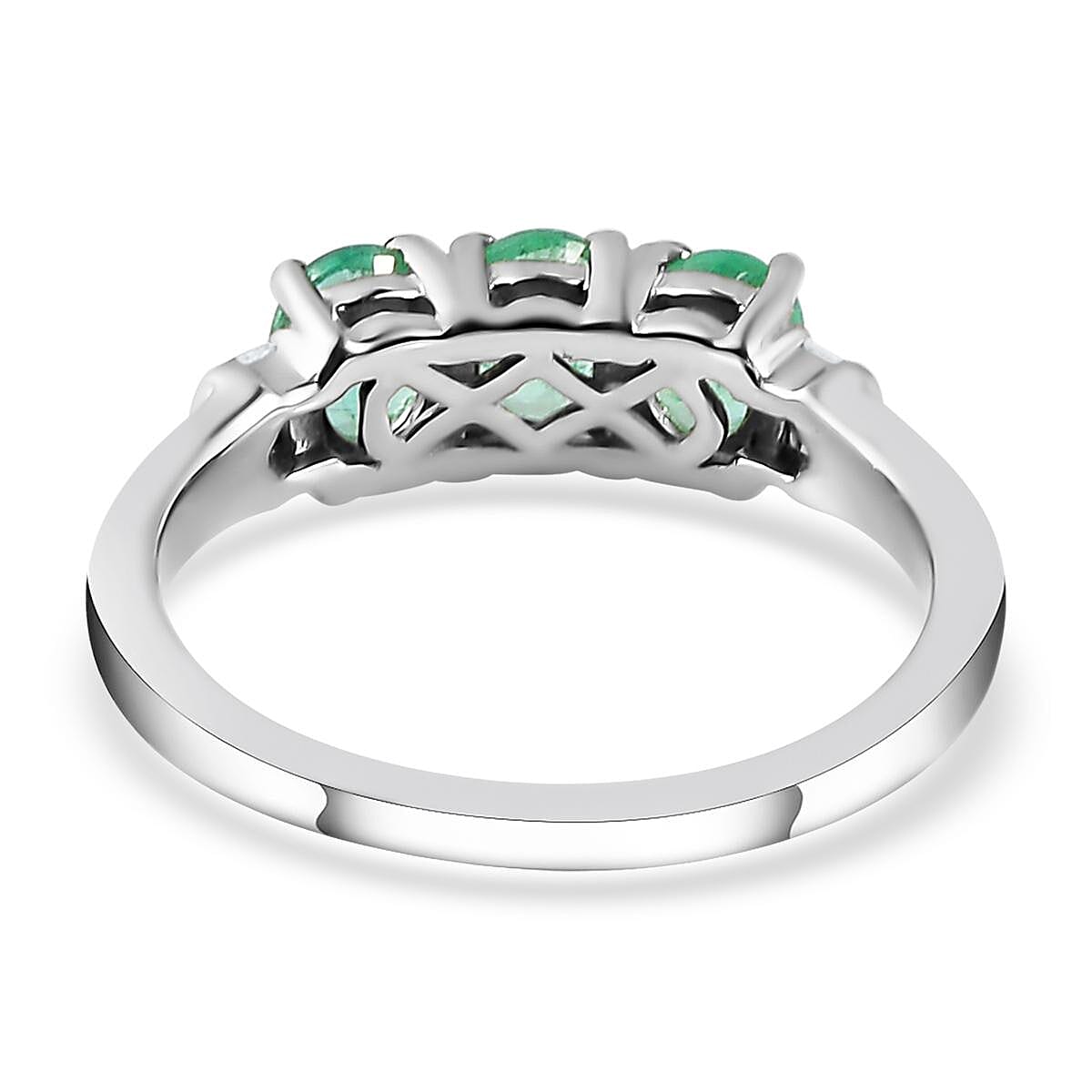 Ethiopian Emerald and Diamond Trilogy Ring in Platinum Over Sterling Silver (Size 10.0) 1.10 ctw