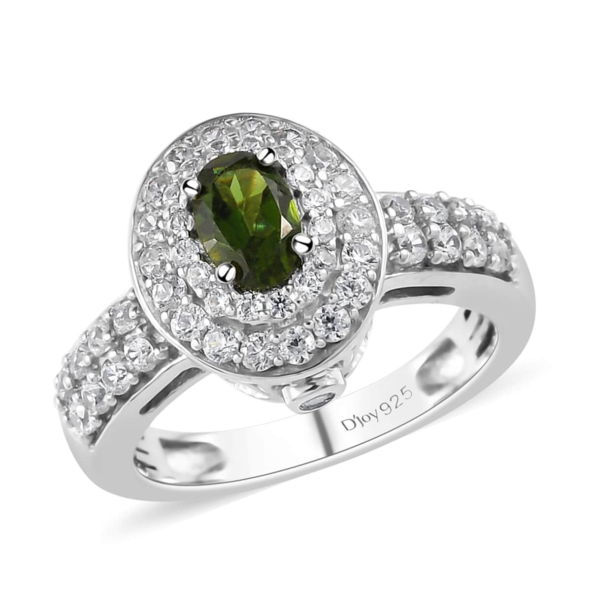 Premium Tanzanian Natural Chrome Tourmaline and Natural White Zircon Double Halo Ring in Platinum Over Sterling Silver (Size 10.0) 1.10 ctw image number 0