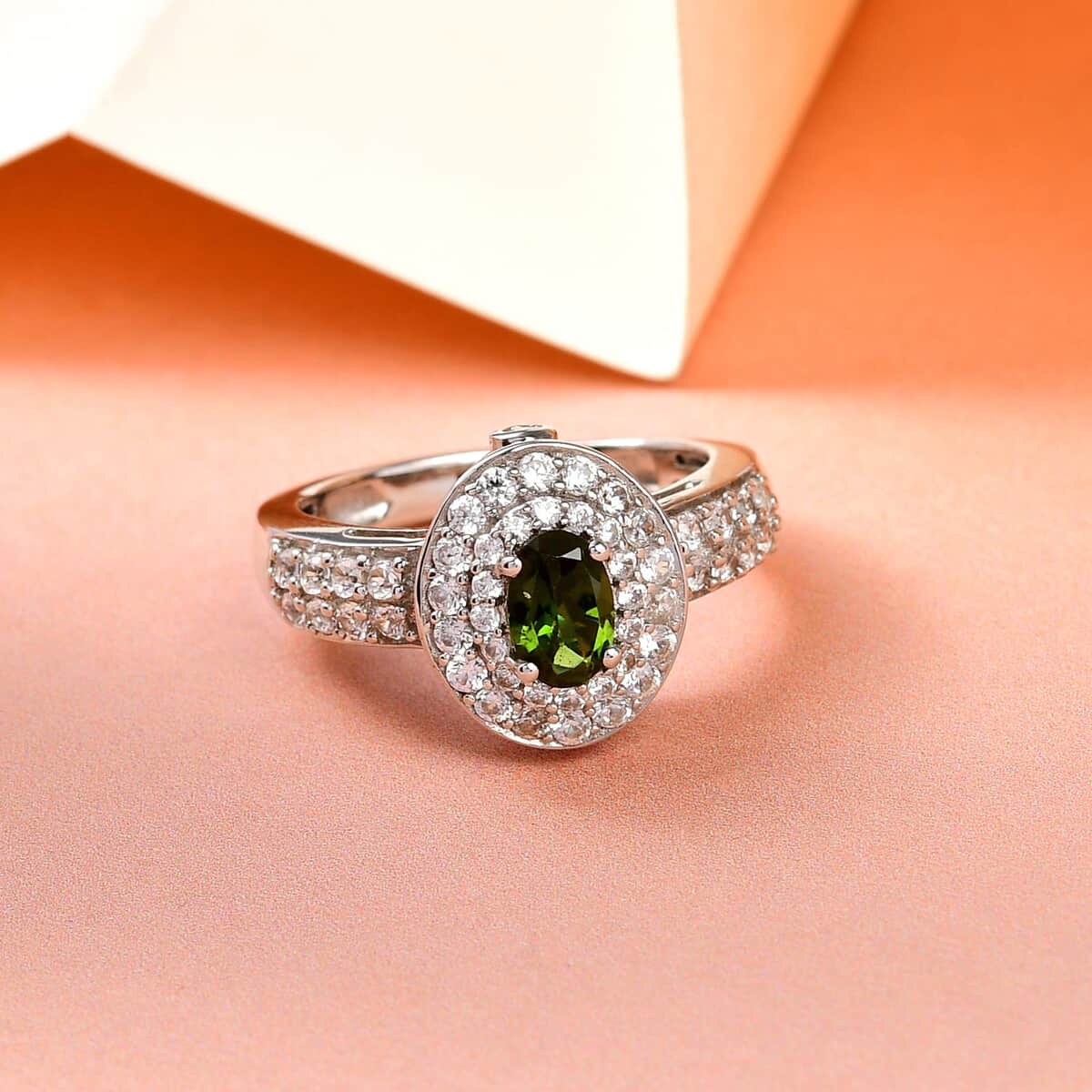 Premium Tanzanian Natural Chrome Tourmaline and Natural White Zircon Double Halo Ring in Platinum Over Sterling Silver (Size 10.0) 1.10 ctw image number 1