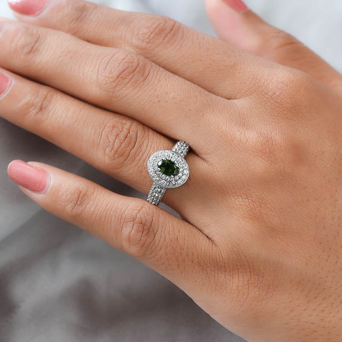 Premium Tanzanian Natural Chrome Tourmaline and Natural White Zircon Double Halo Ring in Platinum Over Sterling Silver (Size 10.0) 1.10 ctw image number 2