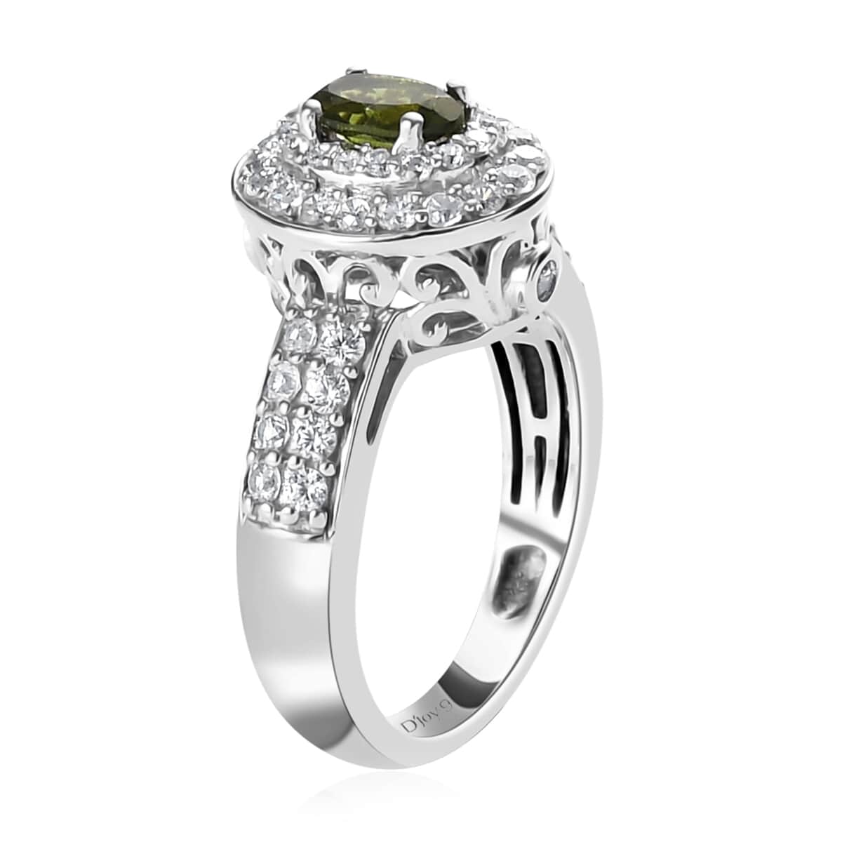 Premium Tanzanian Natural Chrome Tourmaline and Natural White Zircon Double Halo Ring in Platinum Over Sterling Silver (Size 10.0) 1.10 ctw image number 3