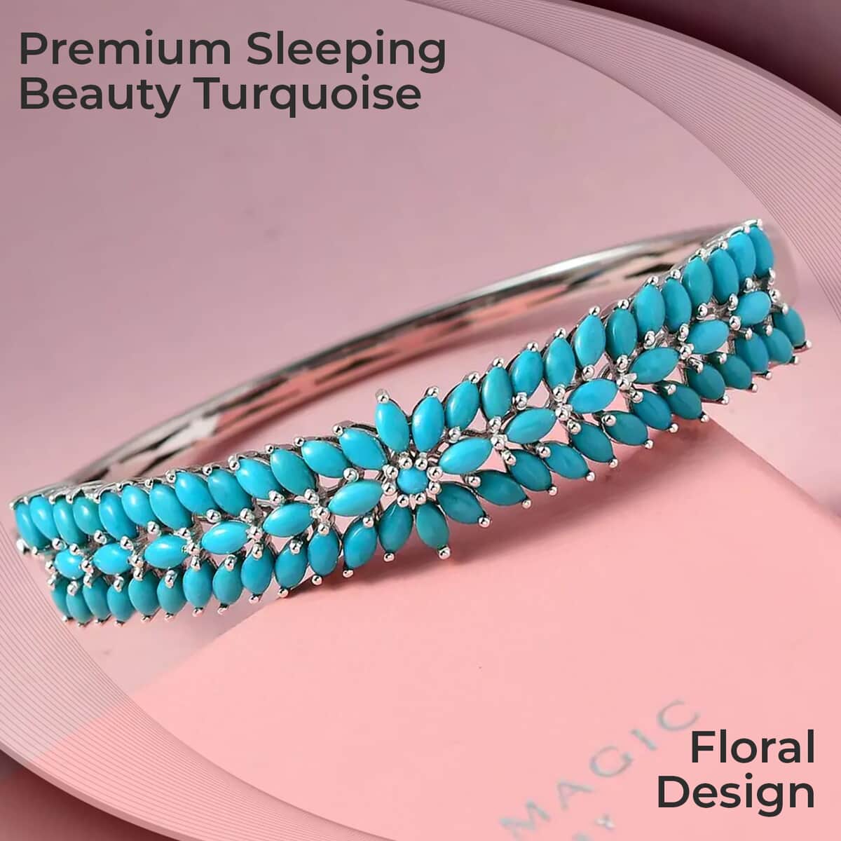 Sleeping Beauty Turquoise Bracelet, Sterling Silver Bangle Bracelet, Floral Bracelet, Silver Jewelry For Her (7.25 In) 9.15 ctw image number 1