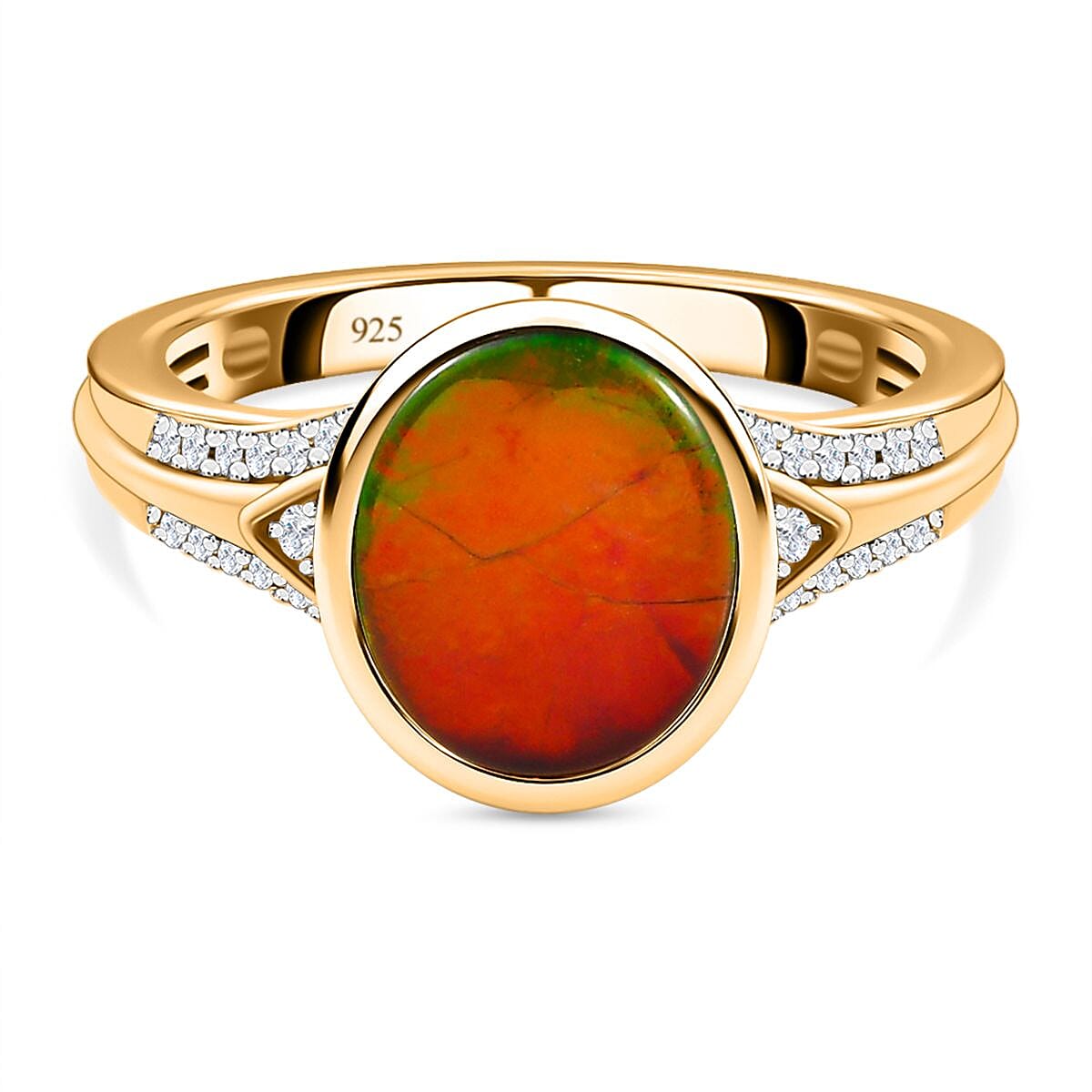 Ammolite and White Zircon 3.07 ctw Ring in 18K Vermeil Yellow Gold Over Sterling Silver (Size 8.0)