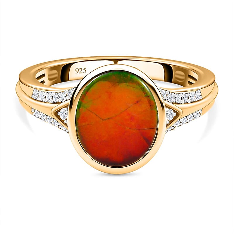 Ammolite and White Zircon 3.07 ctw Ring in 18K Vermeil Yellow Gold Over Sterling Silver (Size 8.0)