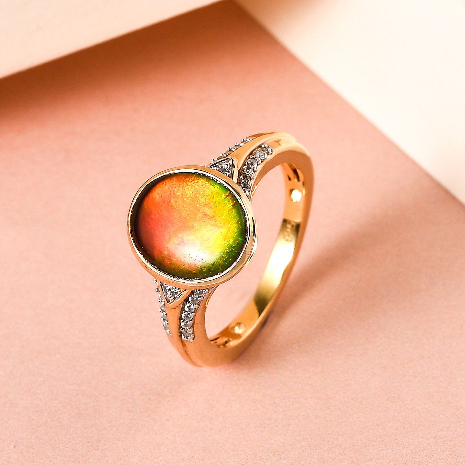 Ammolite and White Zircon 3.07 ctw Ring in 18K Vermeil Yellow Gold Over Sterling Silver (Size 8.0)