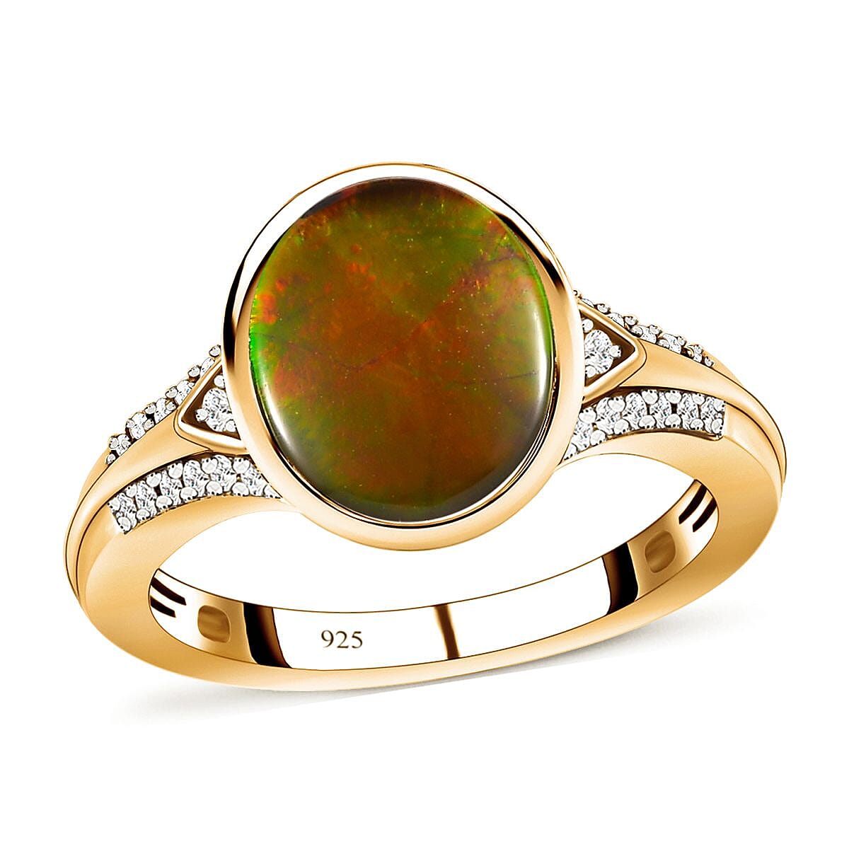 Ammolite and White Zircon 3.07 ctw Ring in 18K Vermeil Yellow Gold Over Sterling Silver (Size 8.0)