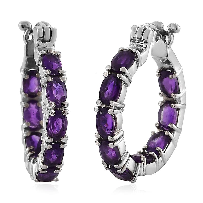 African Amethyst Inside Out Hoop Earrings in Stainless Steel 7.60 ctw