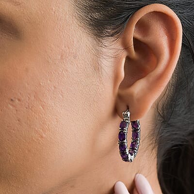 African Amethyst Inside Out Hoop Earrings in Stainless Steel 7.60 ctw