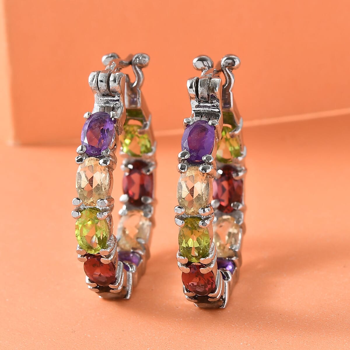 Multi Gemstone Inside Out Hoop Earrings in Stainless Steel 8.30 ctw image number 1