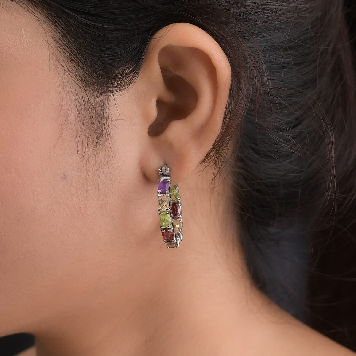 Multi Gemstone Inside Out Hoop Earrings in Stainless Steel 8.30 ctw image number 2