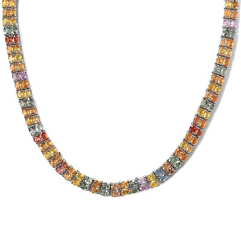 Multi Sapphire and Thai Black Spinel Double-Row Tennis Necklace 18 Inches in Platinum Over Sterling Silver 28.60 Grams 45.65 ctw