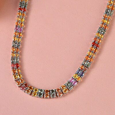 Multi Sapphire and Thai Black Spinel Double-Row Tennis Necklace 18 Inches in Platinum Over Sterling Silver 28.60 Grams 45.65 ctw