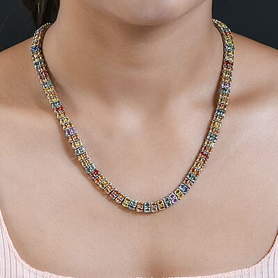 Multi Sapphire and Thai Black Spinel Double-Row Tennis Necklace 18 Inches in Platinum Over Sterling Silver 28.60 Grams 45.65 ctw