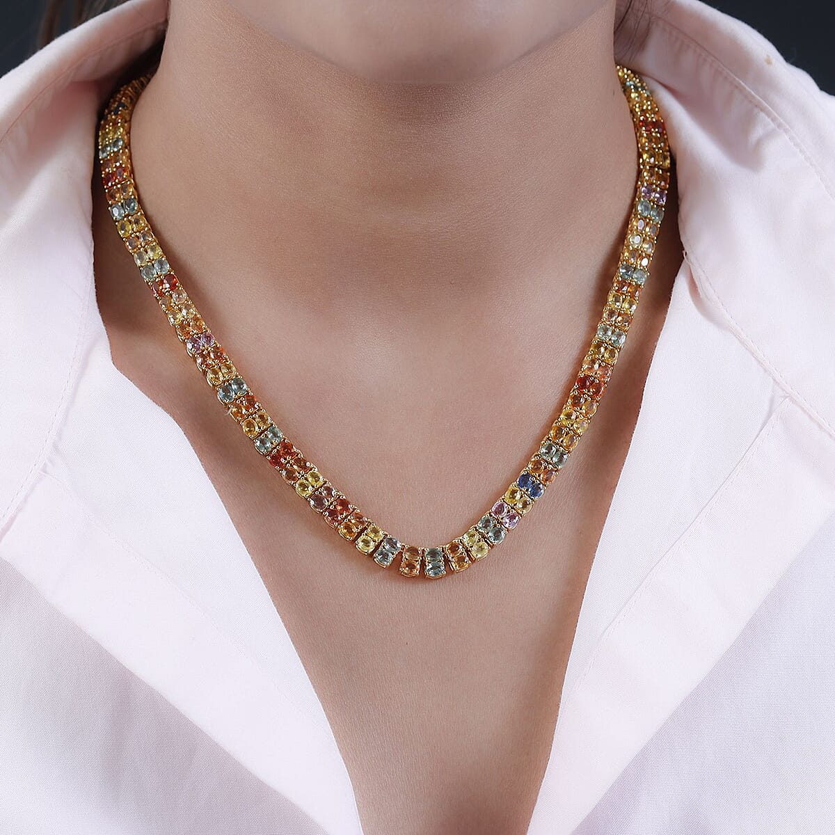 Multi Sapphire and Thai Black Spinel Double-Row Tennis Necklace 18 Inches in Vermeil Yellow Gold Over Sterling Silver 30.15 Grams 45.65 ctw image number 2