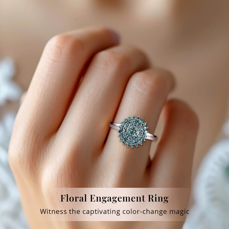 Narsipatnam Alexandrite 1.00 ctw Ring in Rhodium and Platinum Over Sterling Silver, Flower Engagement Ring, Cluster Ring, Wedding Rings For Women (Size 10)
