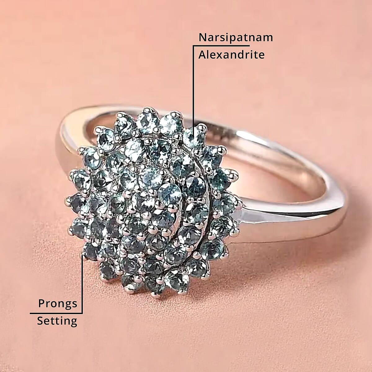 Narsipatnam Alexandrite 1.00 ctw Ring in Rhodium and Platinum Over Sterling Silver, Flower Engagement Ring, Cluster Ring, Wedding Rings For Women (Size 11) image number 4