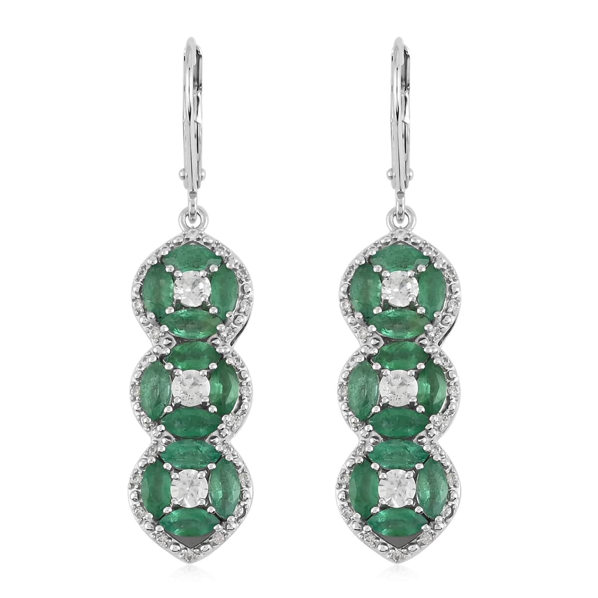 AAA Kagem Zambian Intense Green Emerald and Natural White Zircon Dangle Earrings in Rhodium Over Sterling Silver 4.25 ctw image number 0