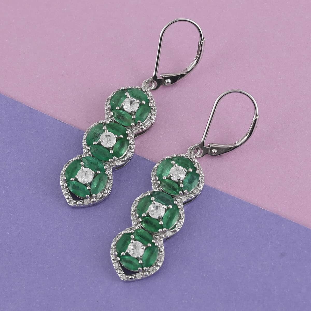 AAA Kagem Zambian Intense Green Emerald and Natural White Zircon Dangle Earrings in Rhodium Over Sterling Silver 4.25 ctw image number 1
