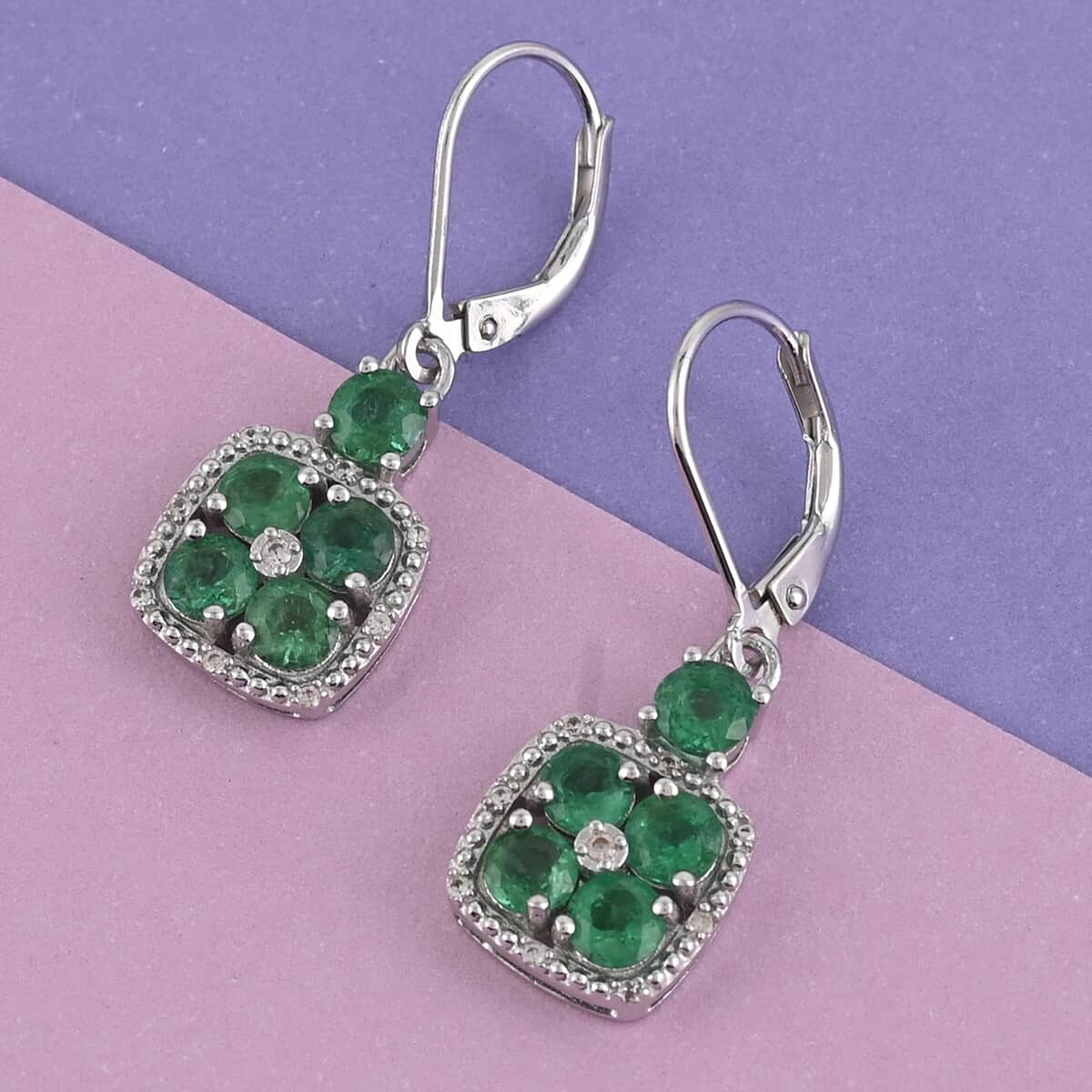 AAA Kagem Emerald and White Zircon Dangle Earrings in Rhodium Over Sterling Silver 2.65 ctw image number 1