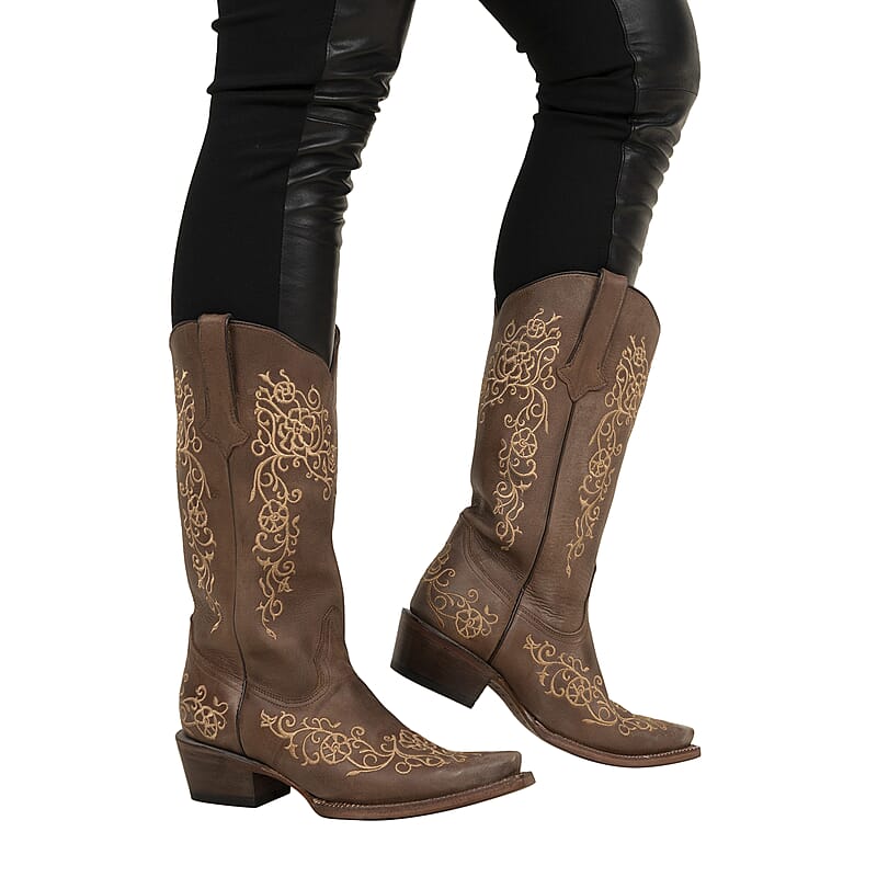 Tanner Mark Brown Floral Stitched Snip Toe Boot - Size 6.5 | Leather Boots | Biker Boots | Snip Toe Cowboy Boots | Heel Boots