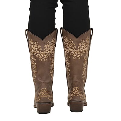 Tanner Mark Brown Floral Stitched Snip Toe Boot - Size 6.5 | Leather Boots | Biker Boots | Snip Toe Cowboy Boots | Heel Boots