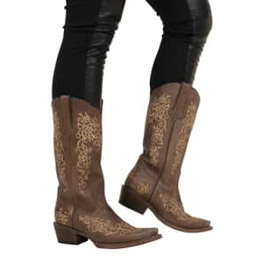 Tanner Mark Brown Floral Stitched Snip Toe Boot - Size 7.5 , Leather Boots , Biker Boots , Snip Toe Cowboy Boots , Heel Boots