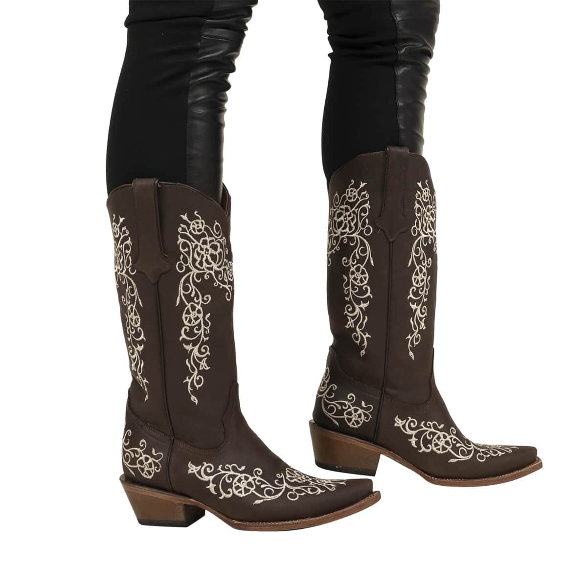 Tanner Mark Dark Brown Floral Stitched Snip Toe Boot 7.5 | Leather Boots | Biker Boots | Snip Toe Cowboy Boots | Heel Boots image number 0