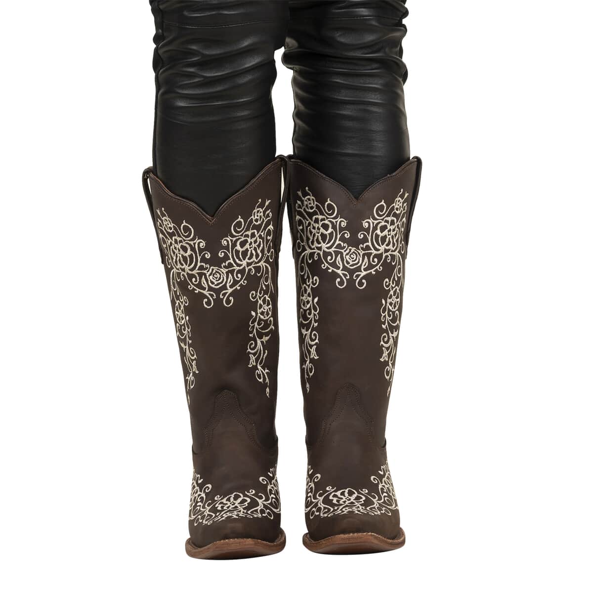 Tanner Mark Dark Brown Floral Stitched Snip Toe Boot 7.5 | Leather Boots | Biker Boots | Snip Toe Cowboy Boots | Heel Boots image number 2