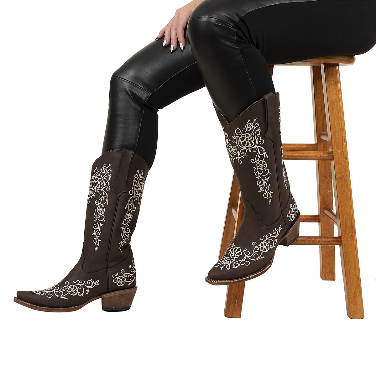 Tanner Mark Dark Brown Floral Stitched Snip Toe Boot 9 | Leather Boots | Biker Boots | Snip Toe Cowboy Boots | Heel Boots image number 1