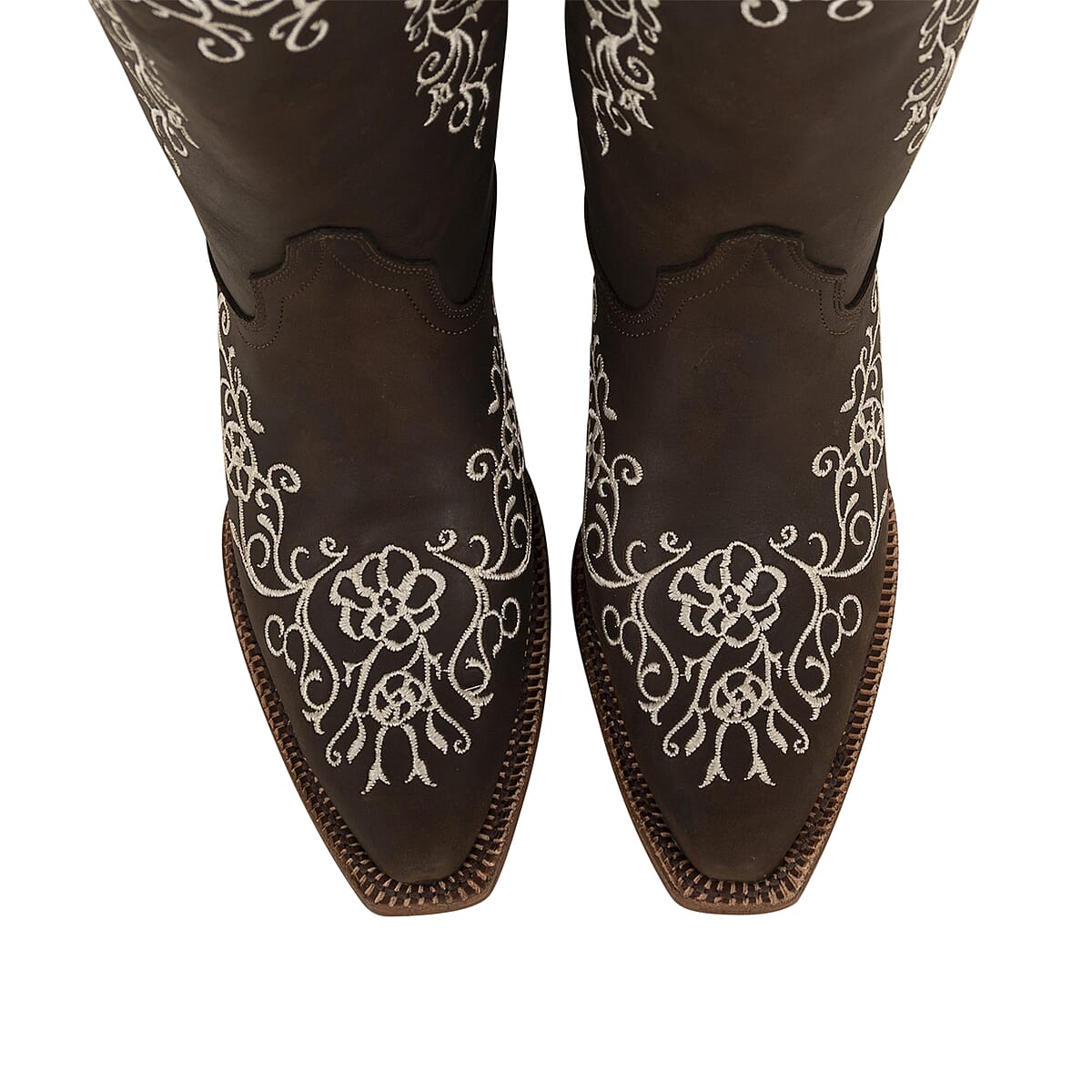 Tanner Mark Dark Brown Floral Stitched Snip Toe Boot 9 | Leather Boots | Biker Boots | Snip Toe Cowboy Boots | Heel Boots image number 4