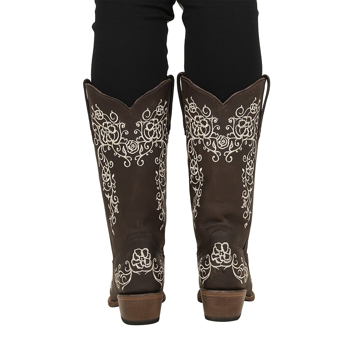 Tanner Mark Dark Brown Floral Stitched Snip Toe Boot 5.5 | Leather Boots | Biker Boots | Snip Toe Cowboy Boots | Heel Boots image number 3