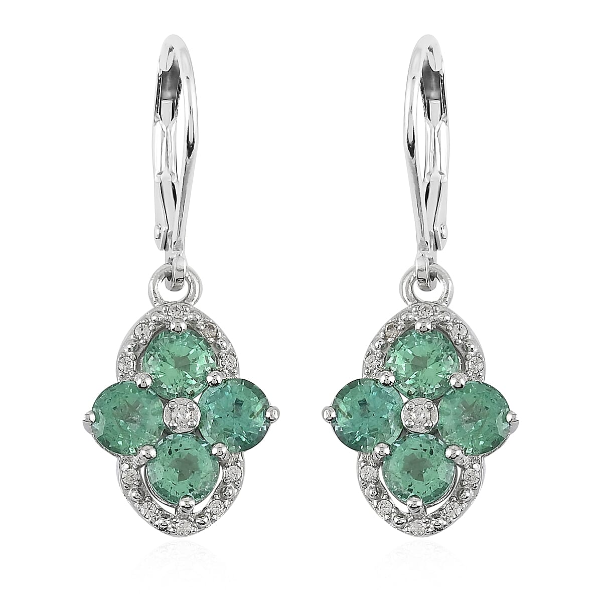 AAA Kagem Emerald and White Zircon Lever Back Earrings in Rhodium Over Sterling Silver 3.00 ctw image number 0