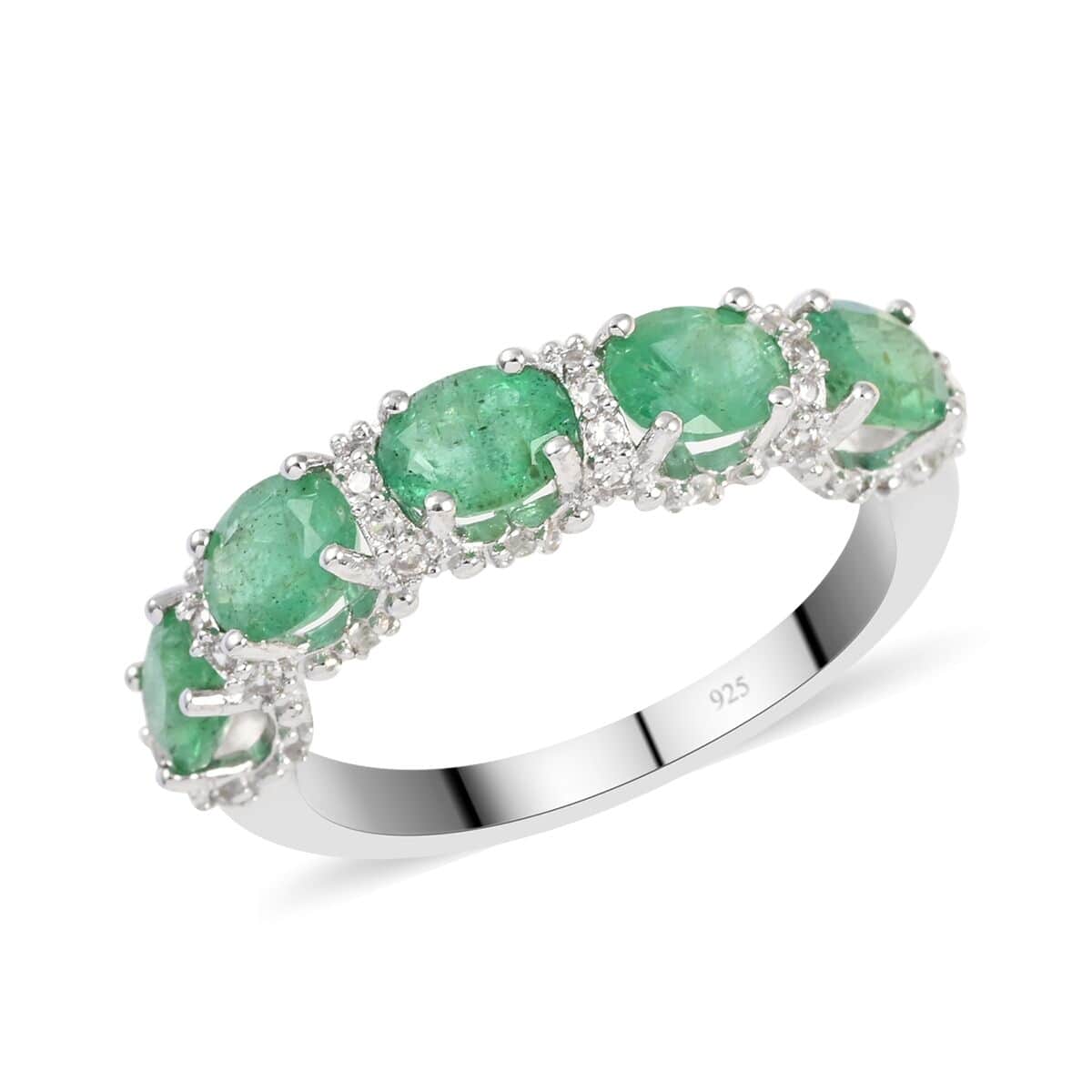 AAA Kagem Zambian Intense Green Emerald, Natural White Zircon Ring in Rhodium Over Sterling Silver (Size 8.0) 1.90 ctw image number 0