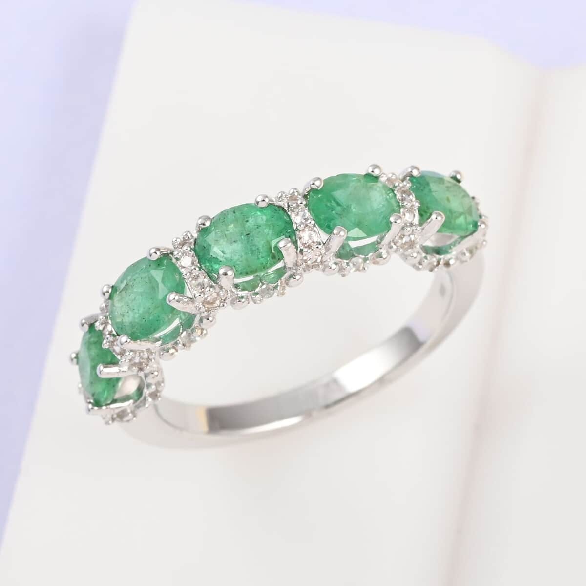 AAA Kagem Zambian Intense Green Emerald, Natural White Zircon Ring in Rhodium Over Sterling Silver (Size 8.0) 1.90 ctw image number 1