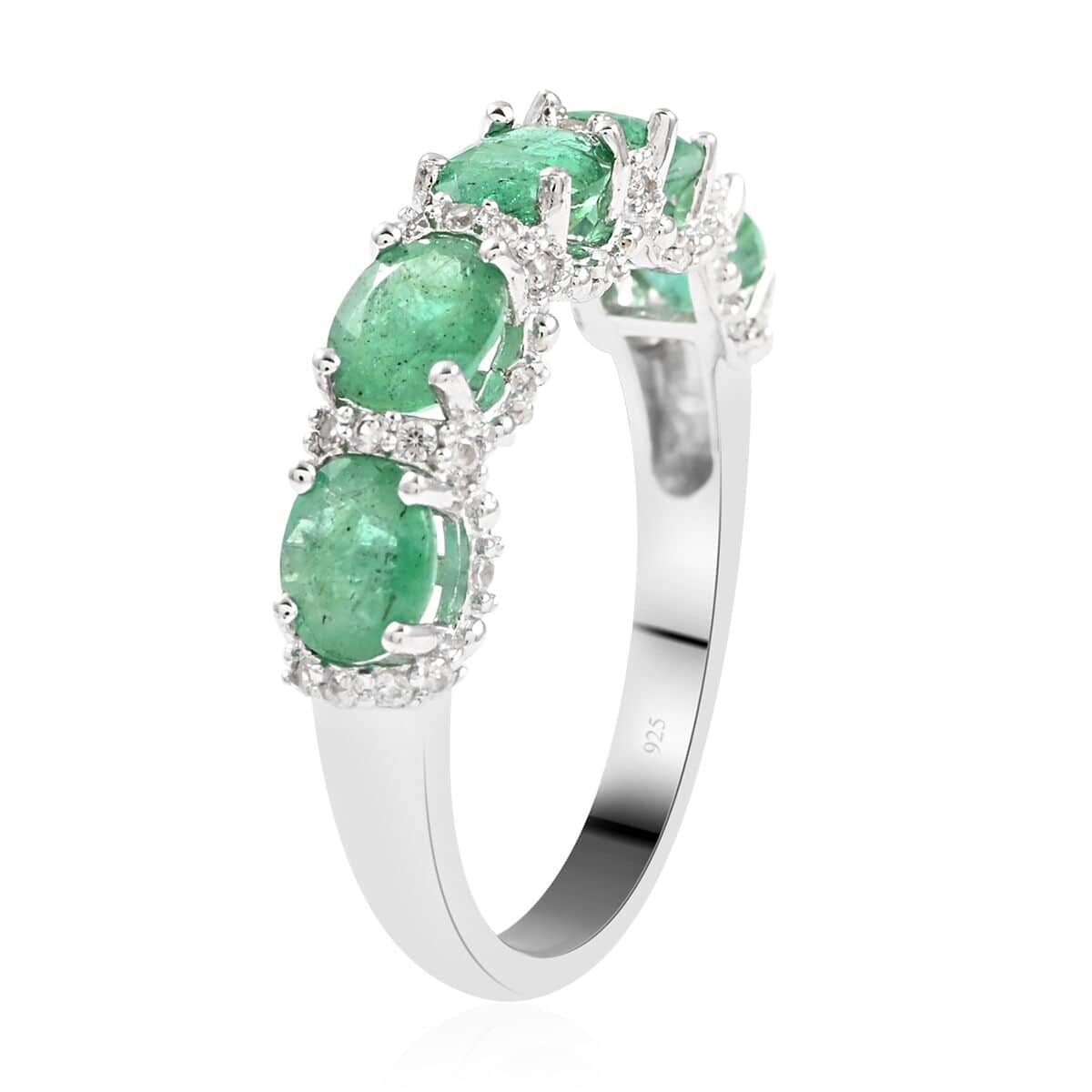 AAA Kagem Zambian Intense Green Emerald, Natural White Zircon Ring in Rhodium Over Sterling Silver (Size 8.0) 1.90 ctw image number 3