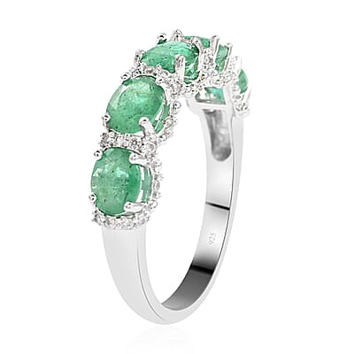 AAA Kagem Emerald and White Zircon Ring in Rhodium Over Sterling Silver (Size 6.0) 1.90 ctw