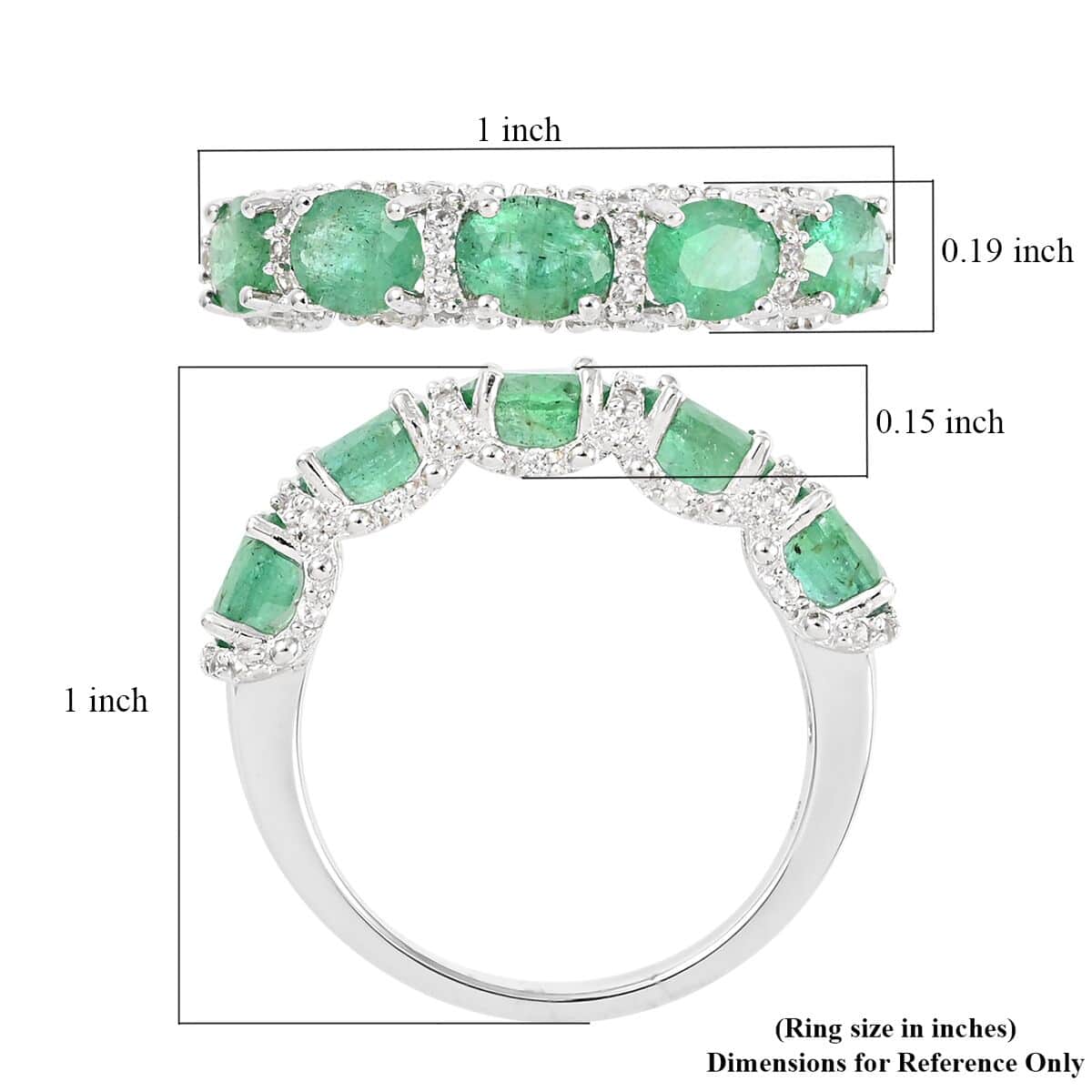 AAA Kagem Zambian Intense Green Emerald, Natural White Zircon Ring in Rhodium Over Sterling Silver (Size 8.0) 1.90 ctw image number 4