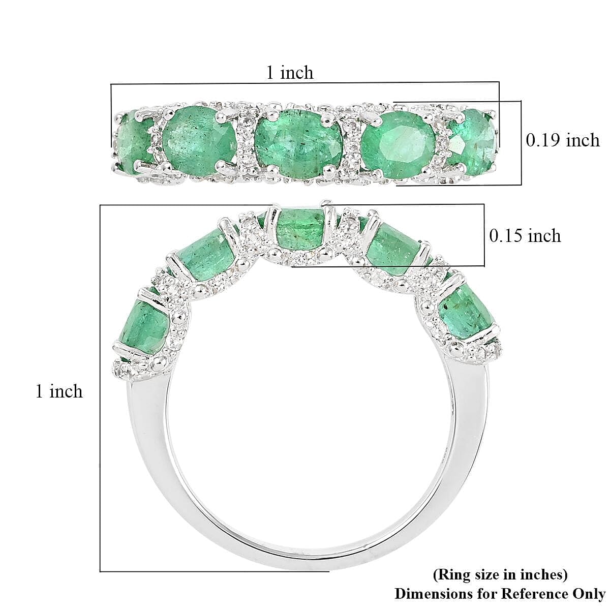 AAA Kagem Zambian Intense Green Emerald, Natural White Zircon Ring in Rhodium Over Sterling Silver (Size 8.0) 1.90 ctw