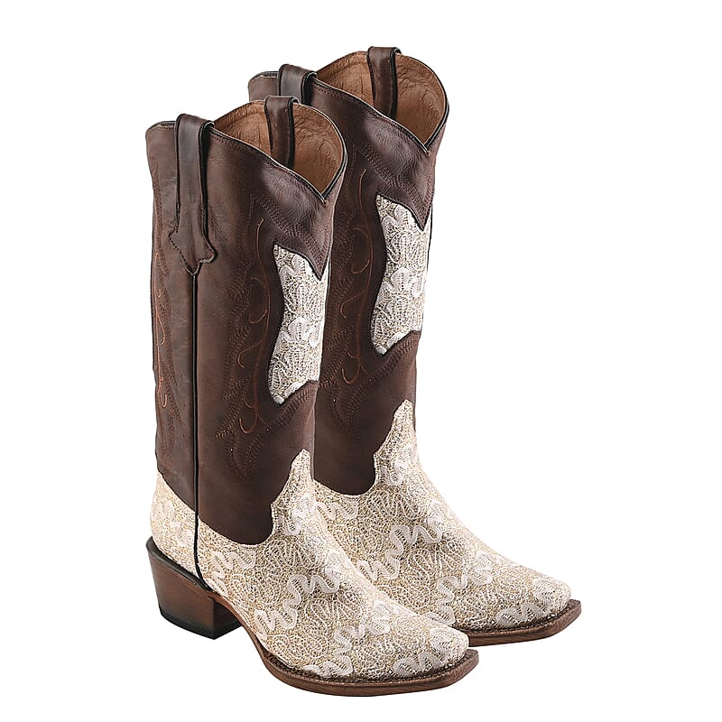 TANNER MARK Beige Shimmer Square Toe Boot 6.5 | Leather Boots | Biker Boots | Square Toe Cowboy Boots | Heel Boots