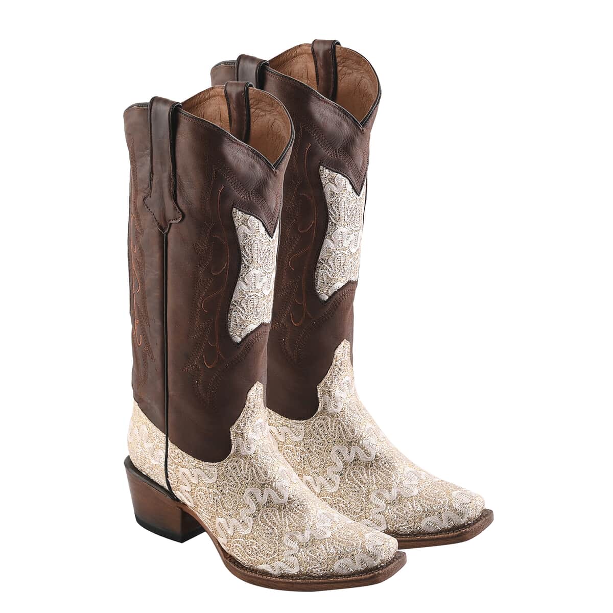 TANNER MARK Beige Shimmer Square Toe Boot 6.5 | Leather Boots | Biker Boots | Square Toe Cowboy Boots | Heel Boots image number 0