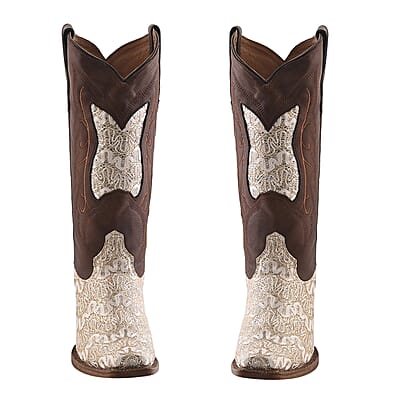 TANNER MARK Beige Shimmer Square Toe Boot 6.5 | Leather Boots | Biker Boots | Square Toe Cowboy Boots | Heel Boots