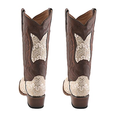 TANNER MARK Beige Shimmer Square Toe Boot 6.5 | Leather Boots | Biker Boots | Square Toe Cowboy Boots | Heel Boots
