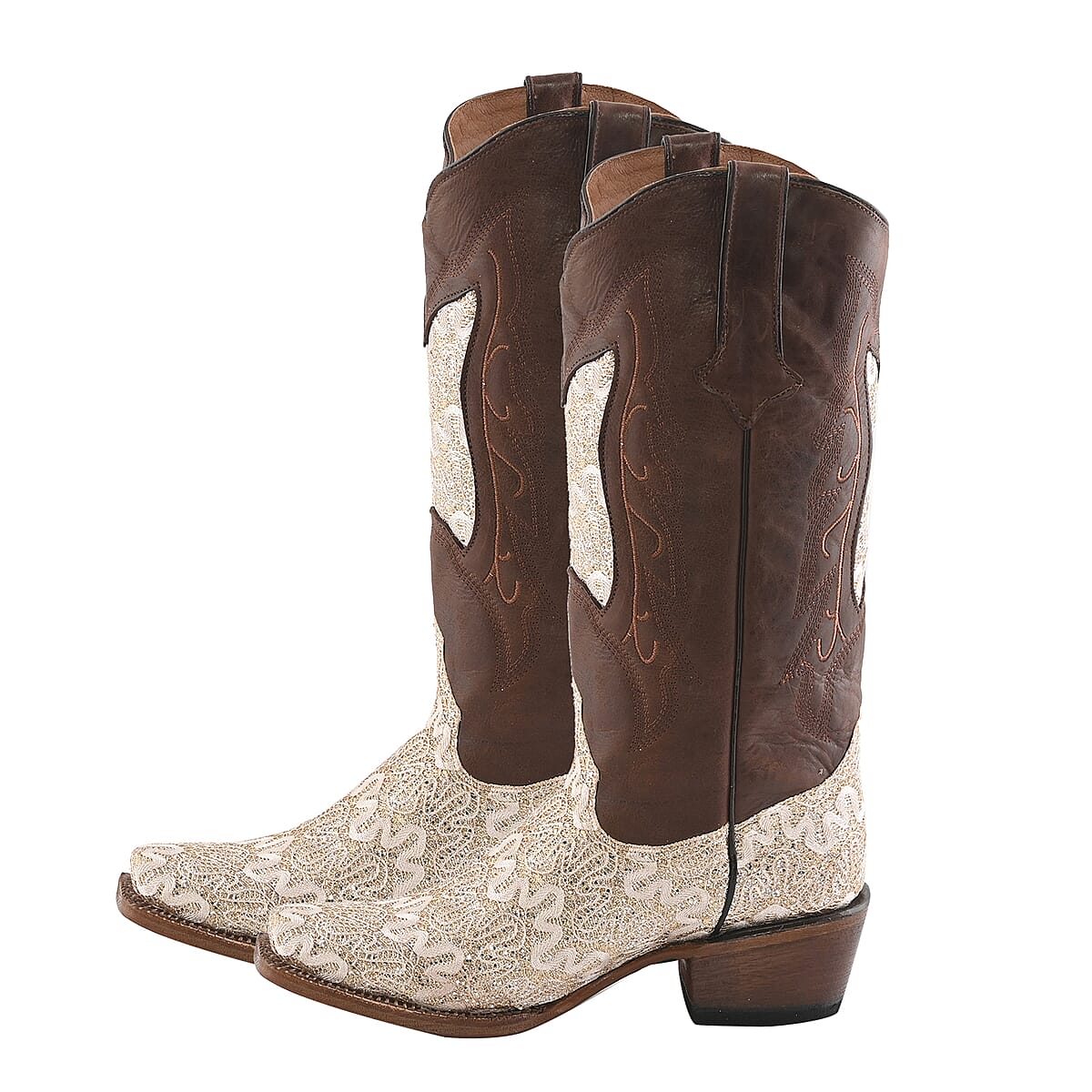 TANNER MARK Beige Shimmer Square Toe Boot 7.5 | Leather Boots | Biker Boots | Square Toe Cowboy Boots | Heel Boots image number 2