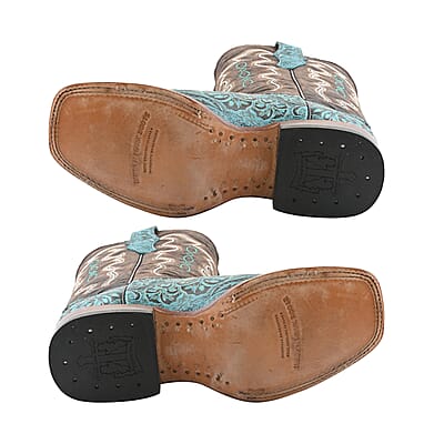 Tanner Mark Turquoise Tooled Saddle Stamp Square Toe Boot 6.5 | Leather Boots | Biker Boots | Square Toe Cowboy Boots | Heel Boots