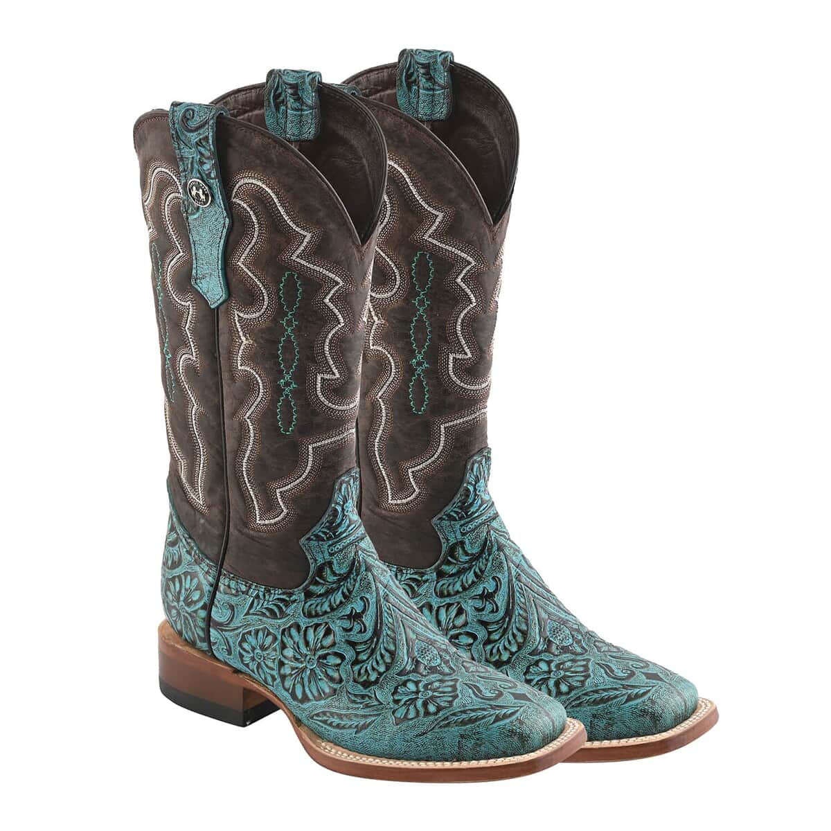 TANNER MARK Turquoise Tooled Saddle Stamp Square Toe Boot 6 | Leather Boots | Biker Boots | Square Toe Cowboy Boots | Heel Boots image number 0