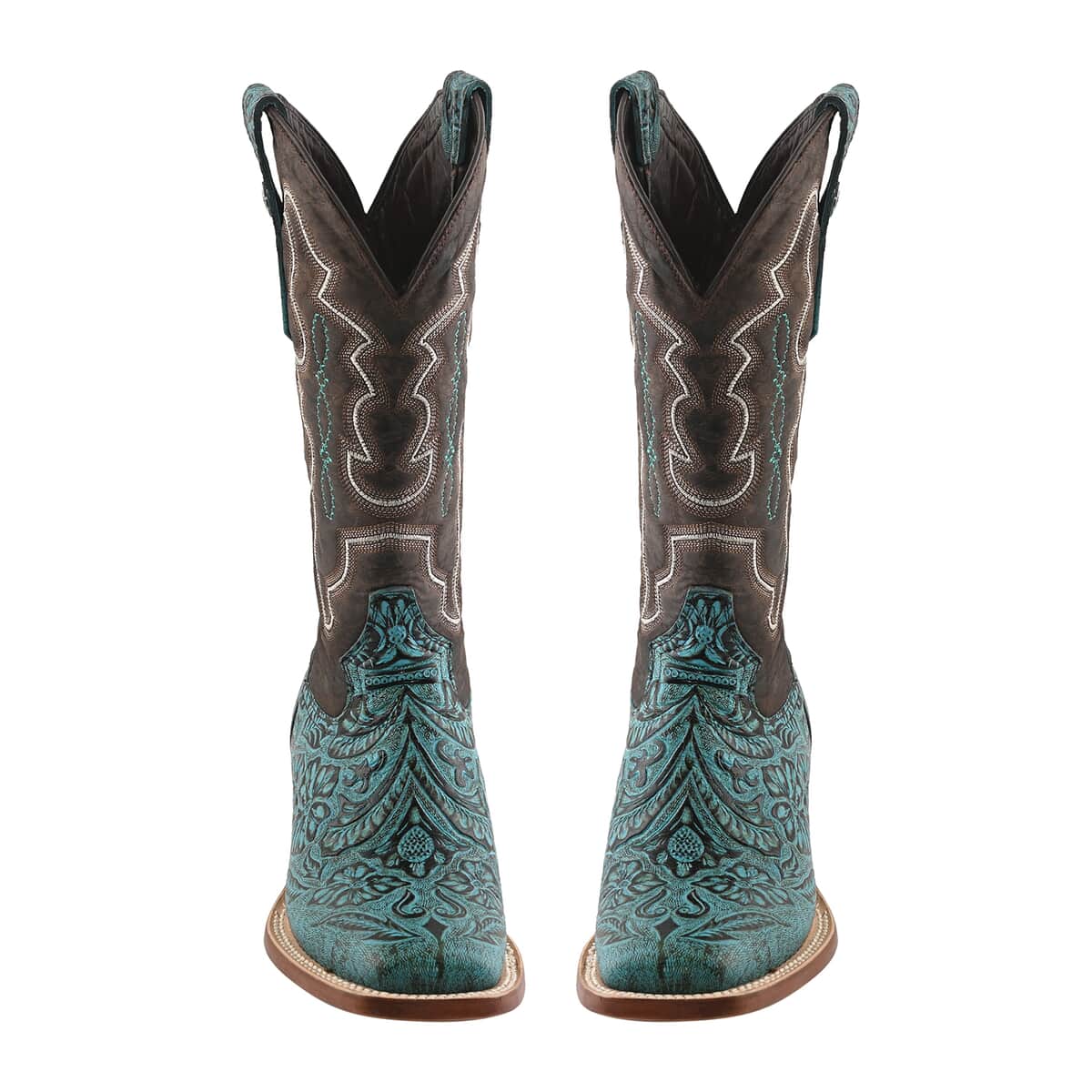 TANNER MARK Turquoise Tooled Saddle Stamp Square Toe Boot 6 | Leather Boots | Biker Boots | Square Toe Cowboy Boots | Heel Boots image number 1